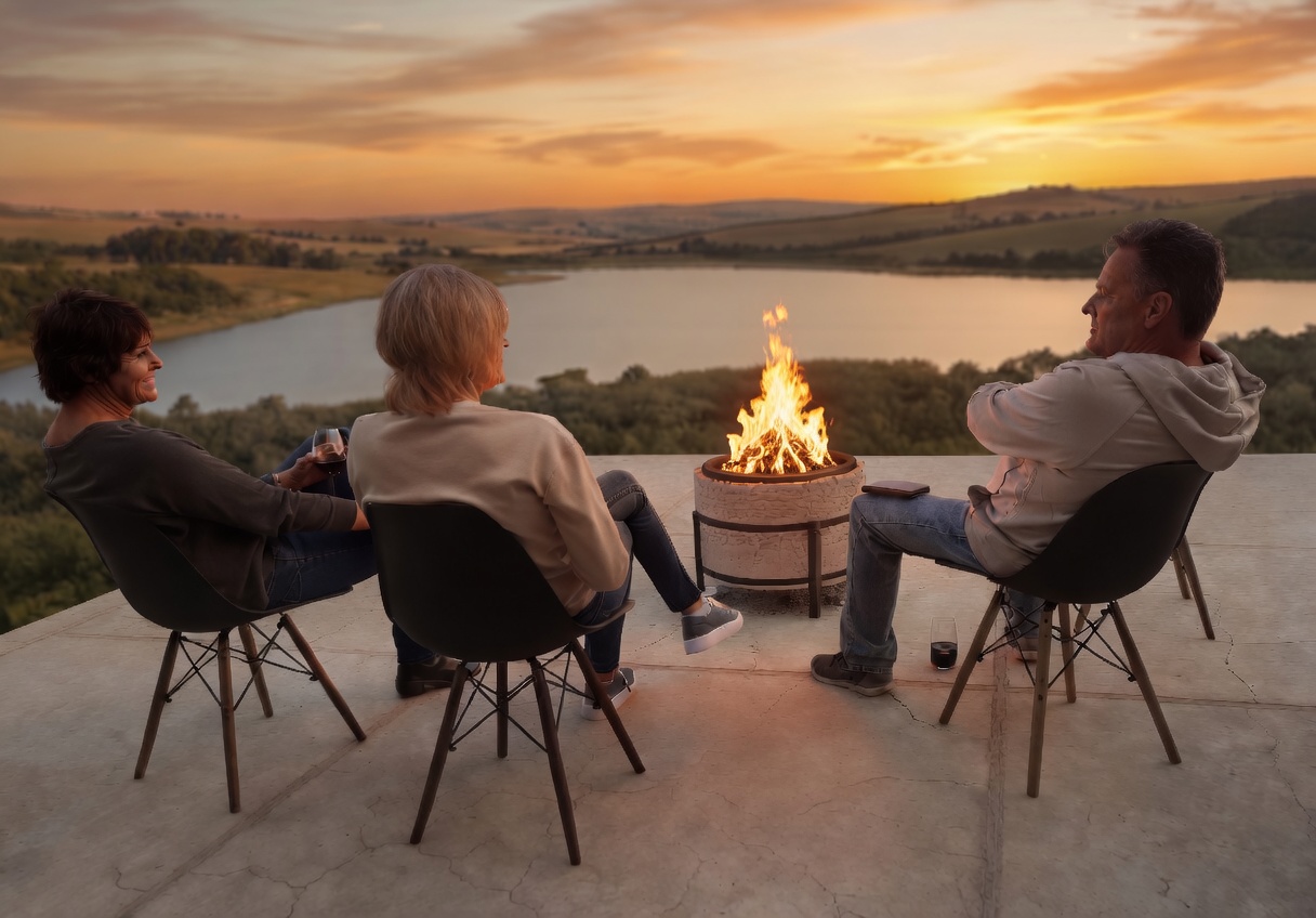 Friends relaxing around a Smoke Buster Ferno fire pit at sunset on Bronkhorstspruit Dam